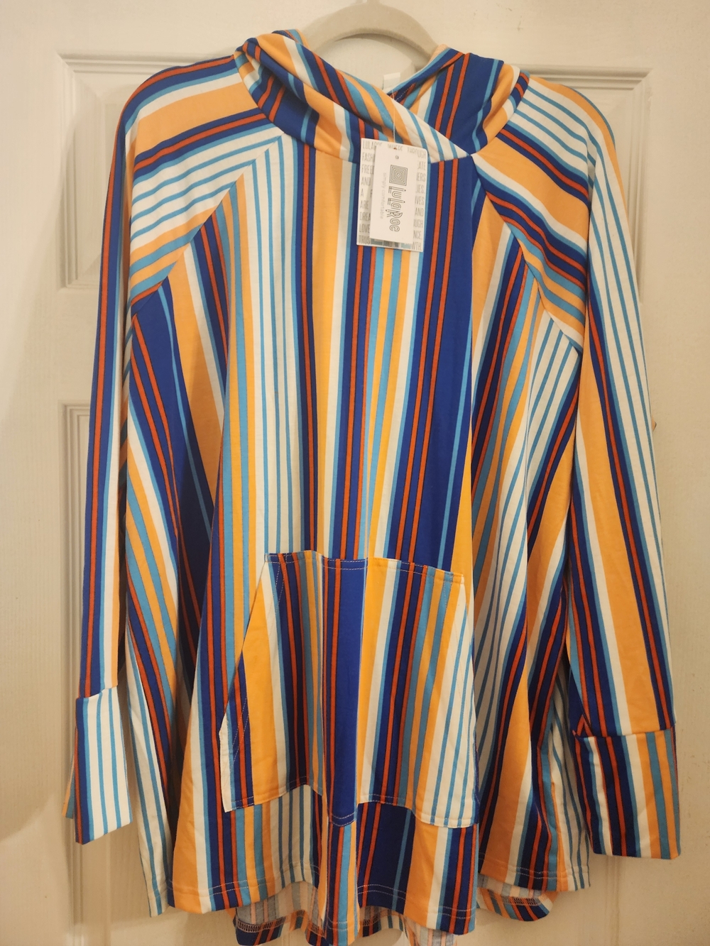 New LuLaRoe Striped Hooded Top in Blue, White & Orange